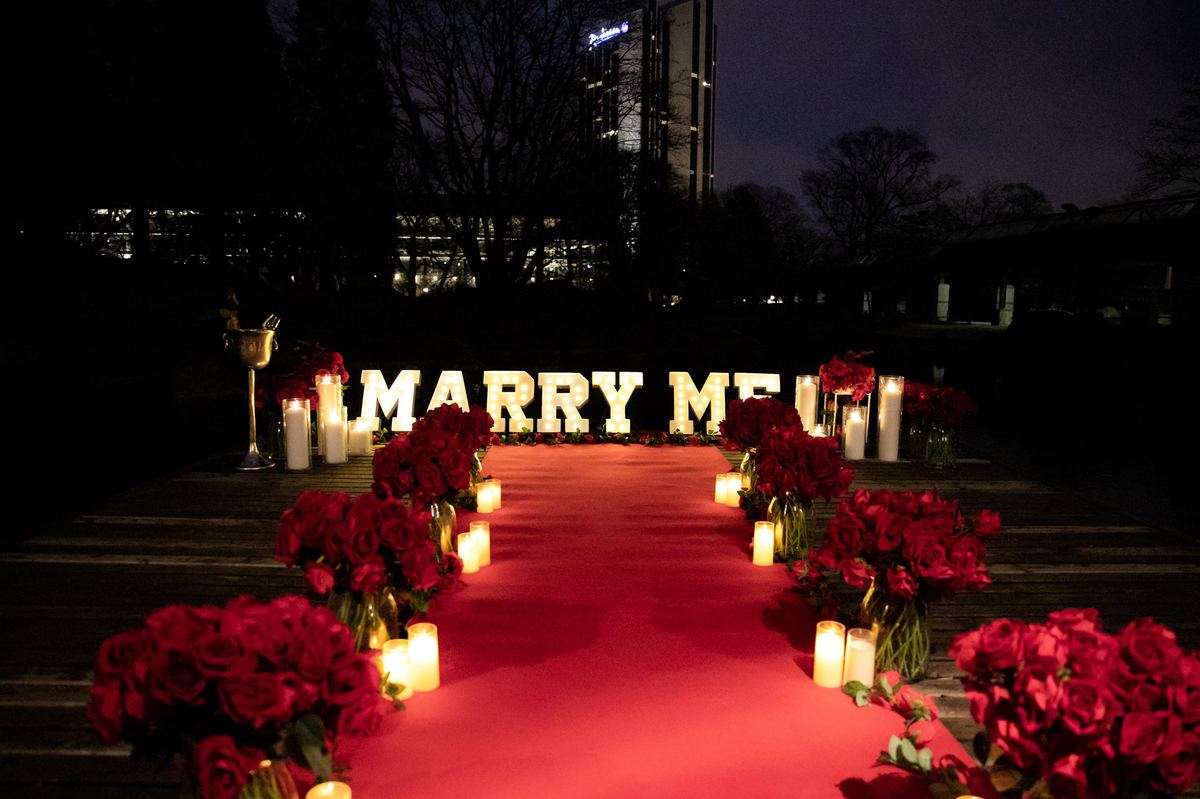 Heiratsantrag Hamburg Park Marry Me Buchstaben rote Rosen Nacht